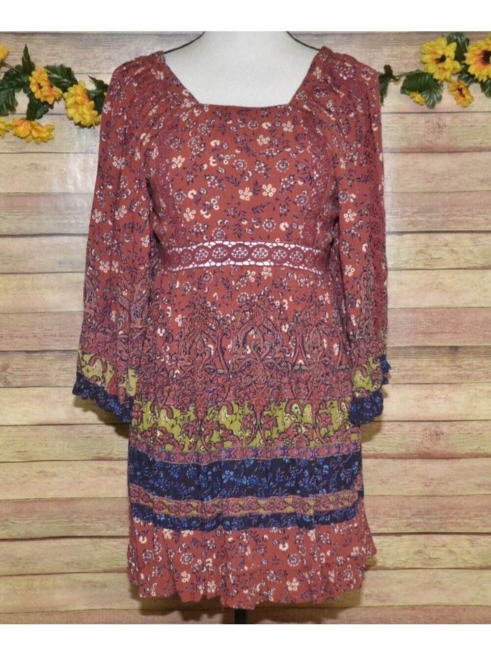 Angie Dress Womens Size L Floral Boho Puff Bell Sleeve Midi Smocked Lace
